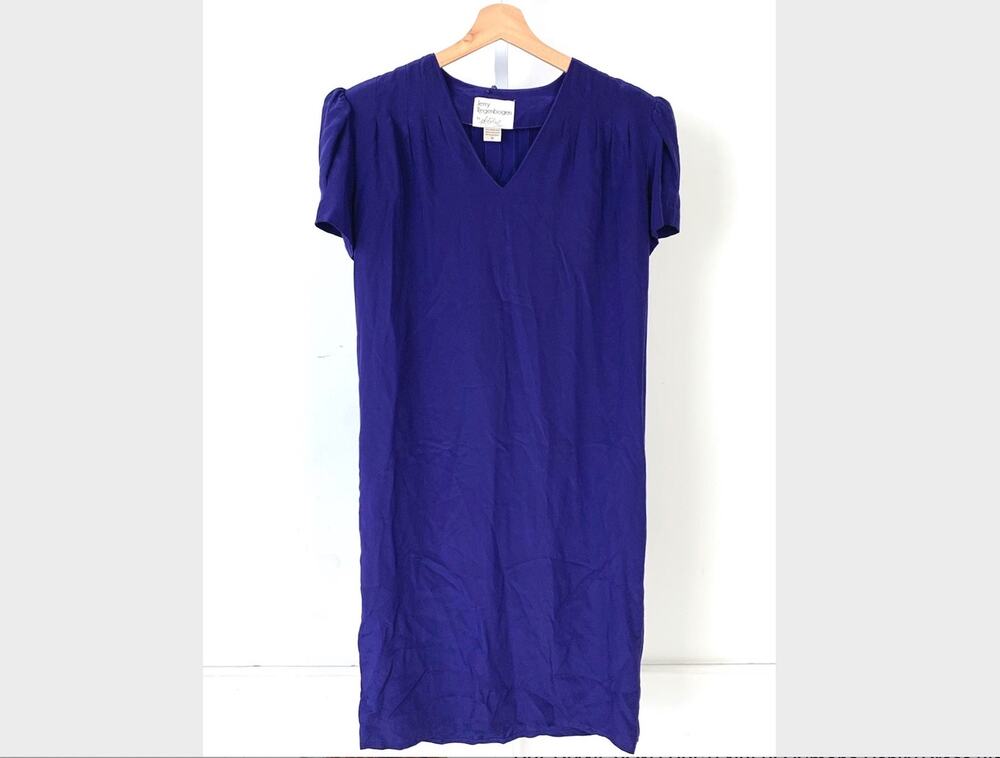 Jerry Regenbogen P.K. Tseng Vintage Silk Midi Dress Blue 14 Pleated Short Sleeve